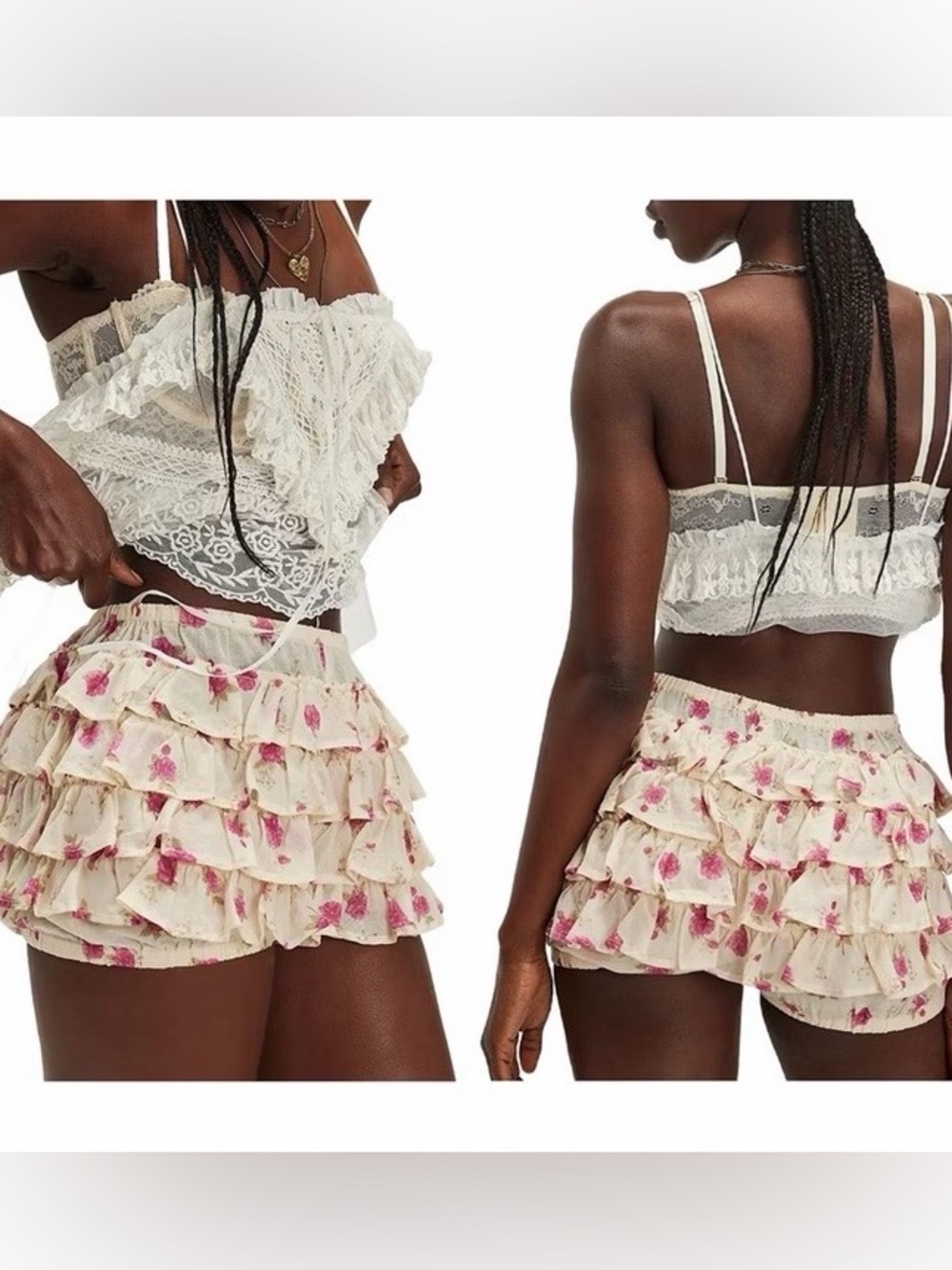 Free People Ruffle Up Bloomer Shorts Ivory Rose Floral Women’s M NWOT